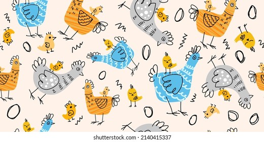 Happy Easter bright seamless pattern with chickens and chickens in doodle style hand drawing for wrapping paper, postcard, advertising