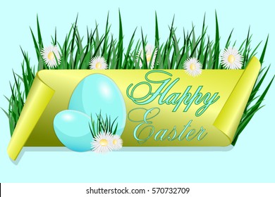 Happy Easter Bright yellow banner from the tape Easter eggs Green grass and daisy flowers