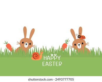 Feliz Pascua con dibujos animados de conejo conejito marrón, caracol, mariquita, zanahoria y Fuentes escritas a mano en el Vector de fondo de hierba verde.