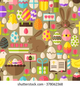 Happy Easter Brown Seamless Pattern. Flat Design Vector Illustration. Tile Background. Set of Spring Christian Religion Items.