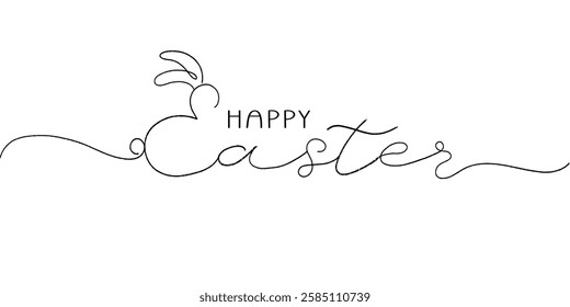 Happy Easter brush drawn lettering. Hand drawn holiday ink line calligraphy with Bunny ears. Great for holiday greeting card and invitation of the happy Easter day