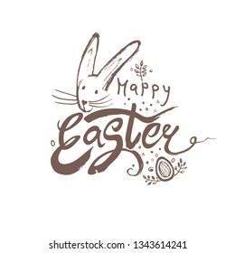 Happy Easter brush hand lettering. Doodle sketch vector hand drawn bunny peeking, flowers and Easter egg. Easter monochrome logo handwritten inscription. Modern calligraphy.
