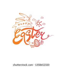 Happy Easter brush hand lettering. Doodle sketch vector hand drawn jumping bunny, clouds and Easter egg. Easter logo handwritten inscription. Modern calligraphy.