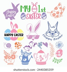 Happy Easter Bundle Having Different files; Easter eggs, bunny, butterfly, ester jug, botanical flowers, sparrow, My first ester etc