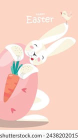 Happy Easter. Bunnie, bird, egg and carrot. Modern style design, pastel colors