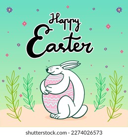 Feliz Pascua Bunnie Abrazo Un Huevo. Plantilla de tarjeta de felicitación de afiches de Pascua. Ilustración del fondo de la carta de Pascua.eps