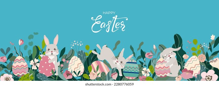 Happy Easter bunnies banner with hand drawn lettering text and eggs, leaves and flowers. Beautiful floral background, cute panorama card with rabbits for festive invitation. Vector illustration.