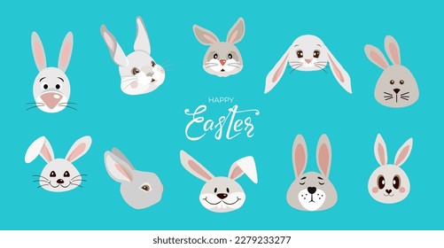 Happy Easter bunnies banner with heads of rabbits and hand drawn lettering text. Set of cute hares in different poses on blue background. For greeting cards, banners, invitation. Vector illustration.