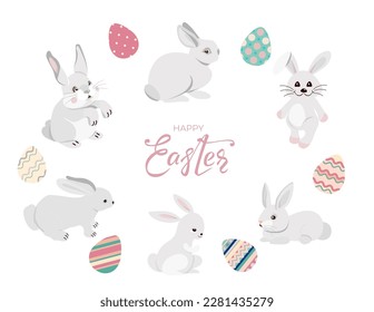 Happy Easter bunnies banner with rabbits, eggs and hand drawn lettering text. Set of cute hares in different poses on white background. For greeting cards, banners, invitation. Vector illustration