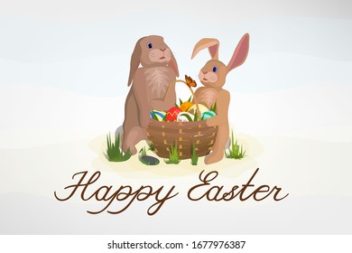 Happy Easter! Easter  Bunnies with a Basket of Eggs. Vector Illustration.