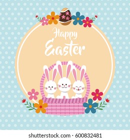 happy easter bunnies in basket floral dots background