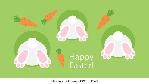Happy Easter bunnies butt in hole, rabbits with and carrots vector greeting card. Cute spring illustration