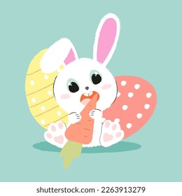 Happy Easter! Easter bunnies and egg. Cartoon spring scene for traditional greeting cards. Flat design illustration in bright colors. bunny eating a carrot.