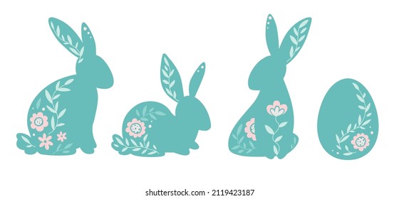 Happy easter. Easter bunnies and an egg decorated  flowers. Hares are sitting, a set of illustrations in a flat style.