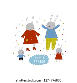 Happy Easter bunnies and easter egg. Decorative Happy Easter print vector illustration. Cute Bunny Family