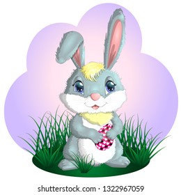 Happy Easter. Easter bunnies and egg in field. copy space for text