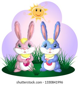 Happy Easter. Easter bunnies and egg in field. copy space for text
