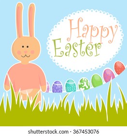 Happy Easter! Easter bunnies and egg in field. Wide copy space for text.