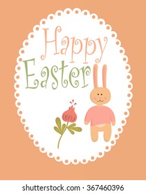 Happy Easter! Easter bunnies and egg in field. Wide copy space for text.
