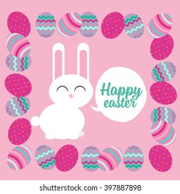 Happy Easter! Easter bunnies and egg in field. Wide copy space for text.
