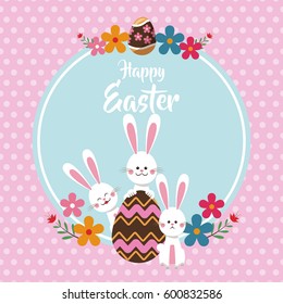 happy easter bunnies egg floral dots background