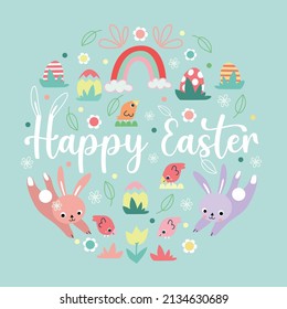 Happy Easter with bunnies and eggs