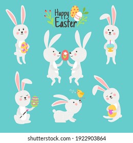 Happy easter bunnies with eggs. Cartoon cute rabbits celebrate day of spring, vector illustration of decoration elements of fun holiday isolated on cyan background