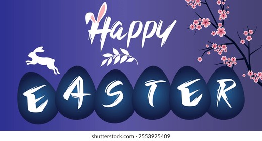 Happy Easter. Bunnies, eggs and Cherry blossom flowers. Modern style design vector illustration ,Eps 10 all layers are single for anty coustomization.isolated on gradient background.