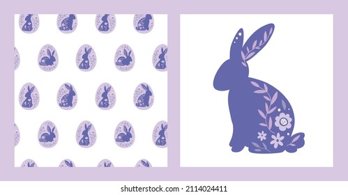 Feliz Pascua. Los conejos de Pascua con huevos son flores decoradas. Patrón inmaculado de estilo plano. Color muy peri