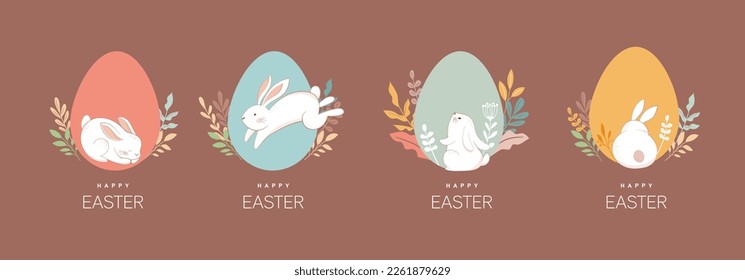 Happy Easter. Bunnies, eggs and flowers. Modern style design, pastel colors