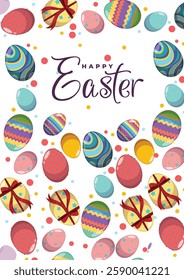 Happy Easter. Bunnies, eggs and flowers. Modern style design. Greeting card with easter eggs, spring flowers, leaves in modern cartoon style. Lettering text sign with bunny ears. Cute creative holiday
