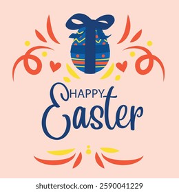 Happy Easter. Bunnies, eggs and flowers. Modern style design. Greeting card with easter eggs, spring flowers, leaves in modern cartoon style. Lettering text sign with bunny ears. Cute creative holiday