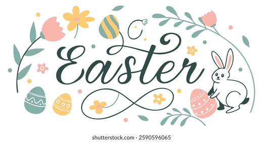 Happy Easter. Bunnies, eggs and flowers. Modern style design, pastel colors
