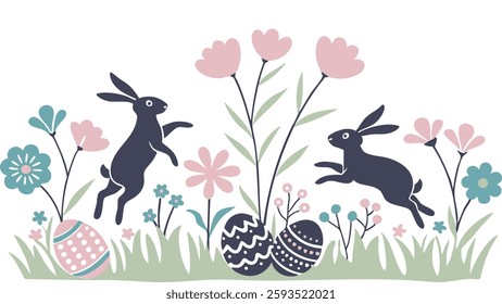 Happy Easter. Bunnies, eggs and flowers. Modern style design, pastel colors