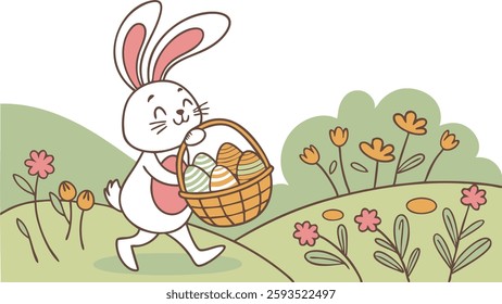 Happy Easter. Bunnies, eggs and flowers. Modern style design, pastel colors