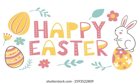 Happy Easter. Bunnies, eggs and flowers. Modern style design, pastel colors