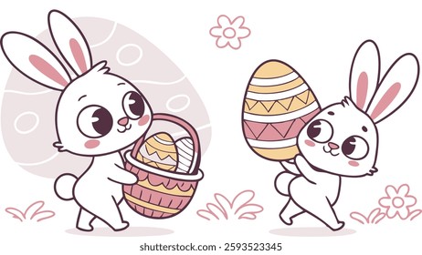 Happy Easter. Bunnies, eggs and flowers. Modern style design, pastel colors
