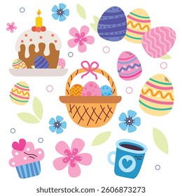 Happy Easter. Bunnies, eggs and flowers. Modern style design, pastel colorsHappy Easter. Bunnies, eggs and flowers. Modern style design, pastel colorsHappy Easter. Bunnies, eggs and flowers. Modern