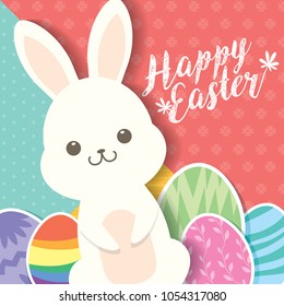 Happy Easter! Easter bunnies and eggs greeting card vector illustration