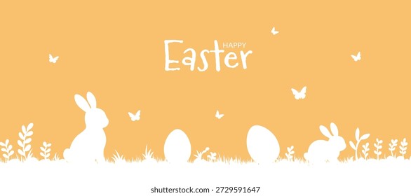 Happy Easter with bunnies and Easter eggs. easter horizontal background with bunnies, flowers, butterflies and easter eggs .
