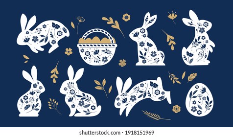 Happy Easter  bunnies  flowers   eggs  Folk style design