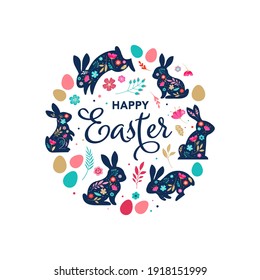 Happy Easter, bunnies, flowers and eggs. Folk style design