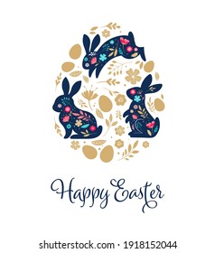 Happy Easter, bunnies, flowers and eggs. Folk style design