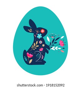 Happy Easter, bunnies, flowers and eggs. Folk style design