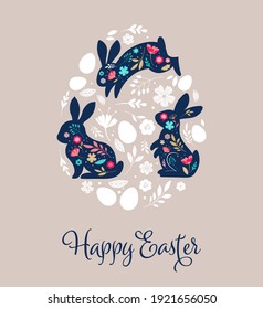 Feliz Pascua, conejitos, flores y huevos. Diseño de estilo folclórico