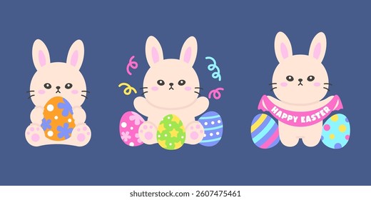 Happy Easter Bunnies Holding Colorful Painted Eggs with Party Decorations on a Dark Background