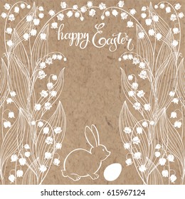 Happy Easter. Easter Bunnies with lily of the valley and place for text. Vector illustration on kraft paper. Greeting card, invitation or isolated elements for design.