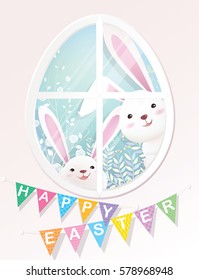 Happy Easter! Bunnies are looking through the oval (egg) shape window.
