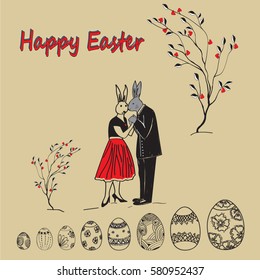 Happy Easter bunnies. Loving couple bunnies in human bodies surrounded by Easter eggs. Freehand drawing vector illustration. retro style, hipsters,caricature,holiday, invitation card.