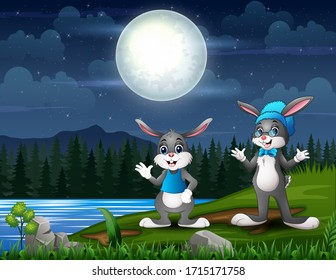 Happy Easter bunnies at night landscape